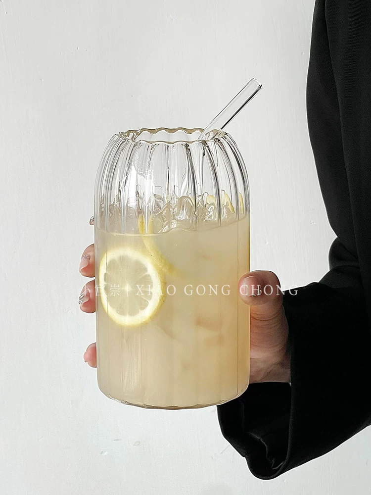 Ly thủy tinh sọc dọc kiểu cổ điển, chịu nhiệt cao, dung tích lớn, dùng được cho trà hoa quả, cà phê latte