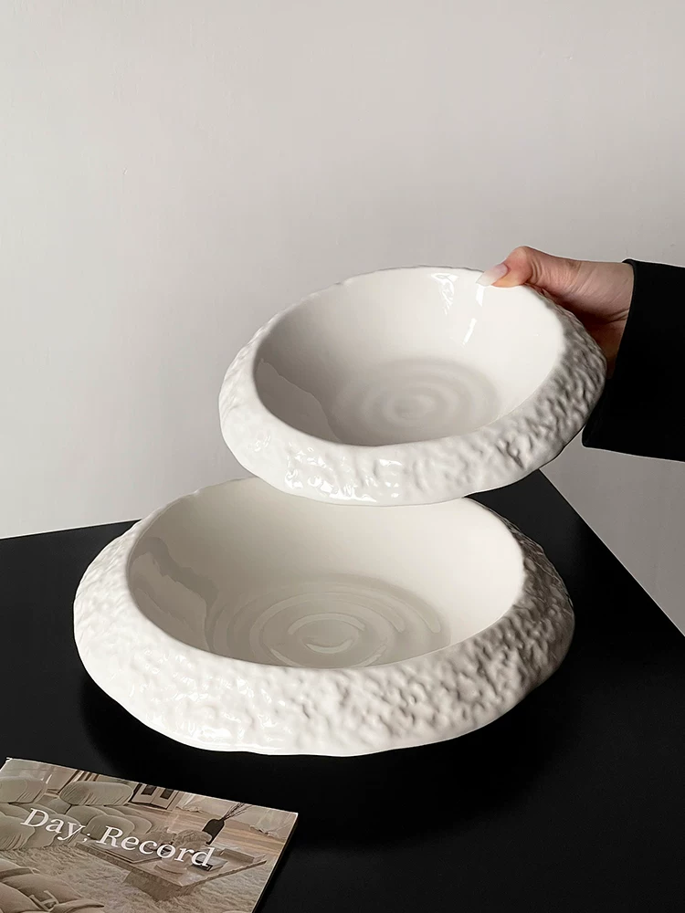 Đĩa gốm họa tiết đá, đĩa sâu gia dụng cao cấp, đĩa kiểu Tây màu trắng tinh khiết sang trọng nhẹ nhàng, đĩa súp, đĩa steak và mì ý sáng tạo.