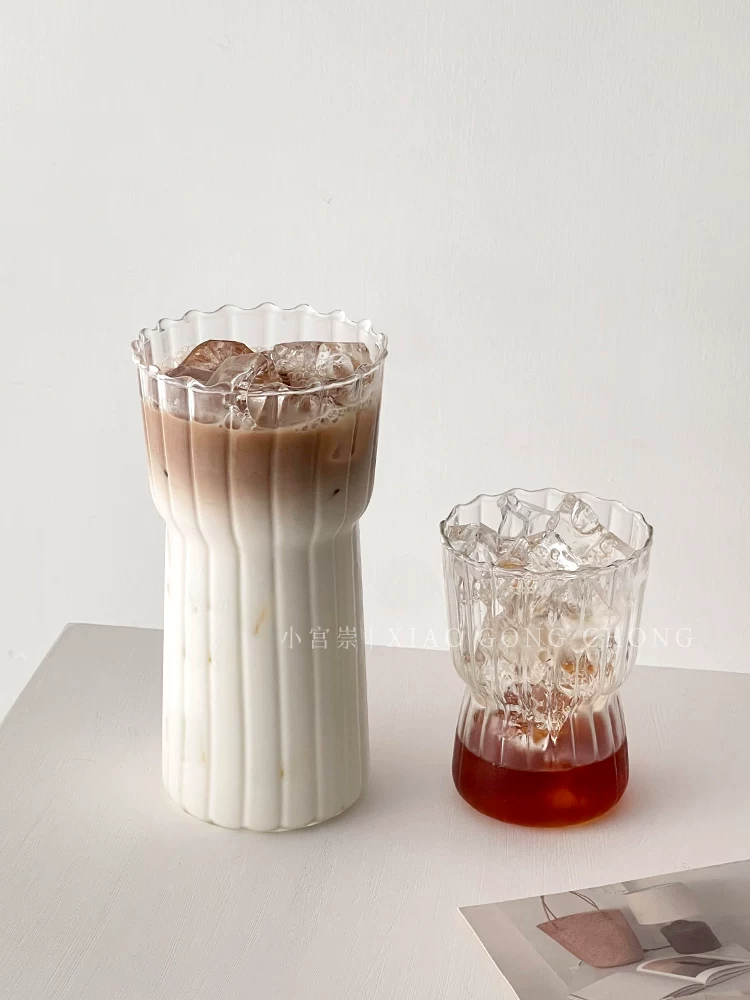 Ly thủy tinh sọc dọc phong cách Instagram, ly cà phê, ly latte đá kiểu cổ điển, ly sữa chịu nhiệt cao, ly nước.