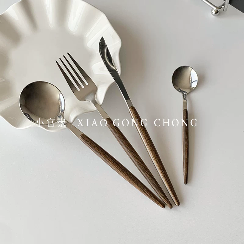 Dao dĩa kiểu Bắc Âu cổ điển, cán gỗ, thép không gỉ, bộ đồ ăn gia đình kiểu Tây, thìa súp, dao bít tết, thìa tráng miệng, dĩa