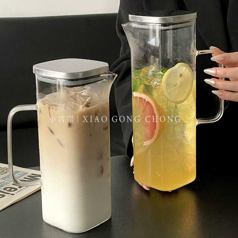 Bình đựng nước lạnh hình vuông có tay cầm, bình đựng trà dung tích lớn chịu nhiệt độ cao, bình đựng nước ép, bình đựng trà sữa có nắp