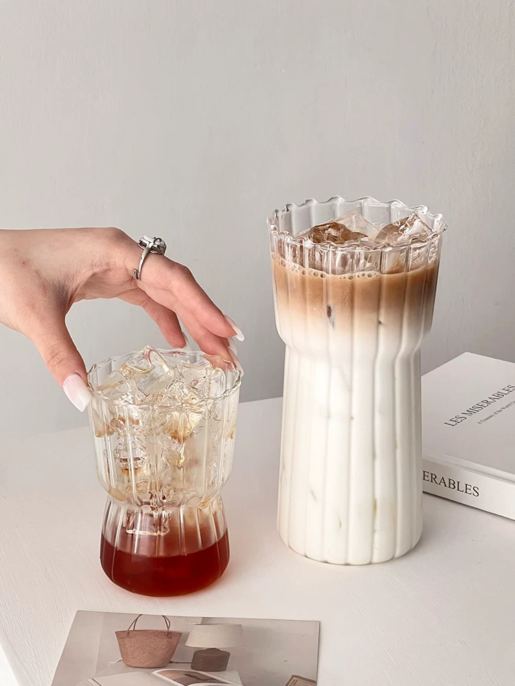 Ly thủy tinh sọc dọc phong cách Instagram, ly cà phê, ly latte đá kiểu cổ điển, ly sữa chịu nhiệt cao, ly nước.