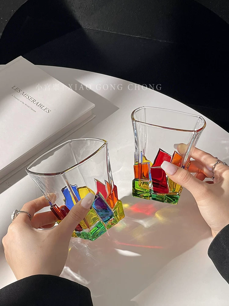 Ly nước đá hình khối vẽ phong cách Ins, ly rượu whisky vẽ tay độc đáo, ly uống nước, ly đồ uống tạo không khí