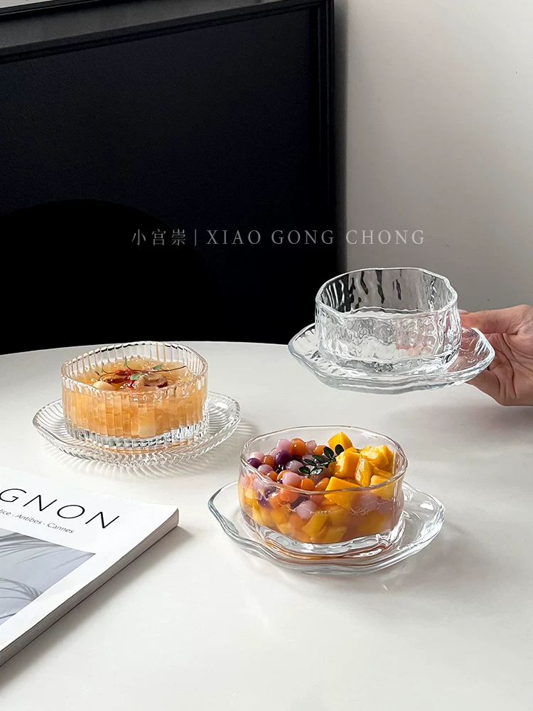 Bộ bát tráng miệng kiểu Ins, bát và đĩa thủy tinh hình đám mây cao cấp, bát đựng đường nước và nấm trắng sáng tạo, bát ăn sáng.