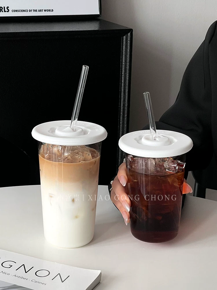 Ly uống nước lạnh bằng thủy tinh trong suốt có nắp, ly cà phê đá Mỹ, ly trà sữa, ly nước ép, ly nước