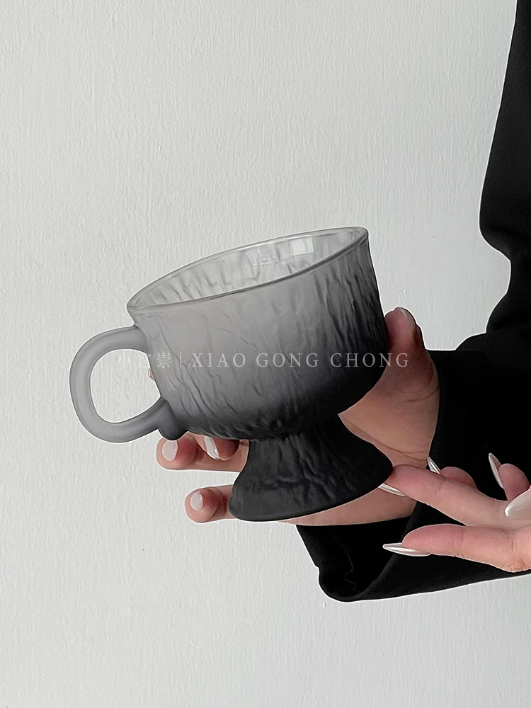 Ly thủy tinh đen mờ cao cấp, thiết kế tinh tế, có quai cầm, ly uống cà phê sữa cao cấp dành cho nữ, ly thủy tinh cao.