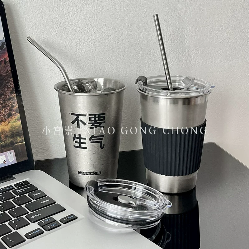 Cốc nước không gây tức giận, cốc inox 304 kiểu dáng ins có nắp, cốc có ống hút, cốc di động và tiện lợi, cốc cà phê du lịch chống rơi.