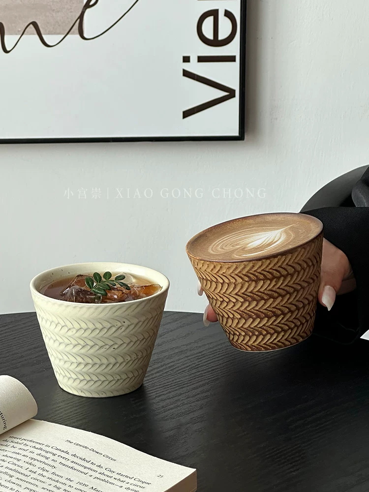 Ly cà phê gốm sứ hoa văn lúa mạch nổi cổ điển, men lò Nhật Bản, kiểu miệng lợn, ly latte nghệ thuật cao cấp, ly trà