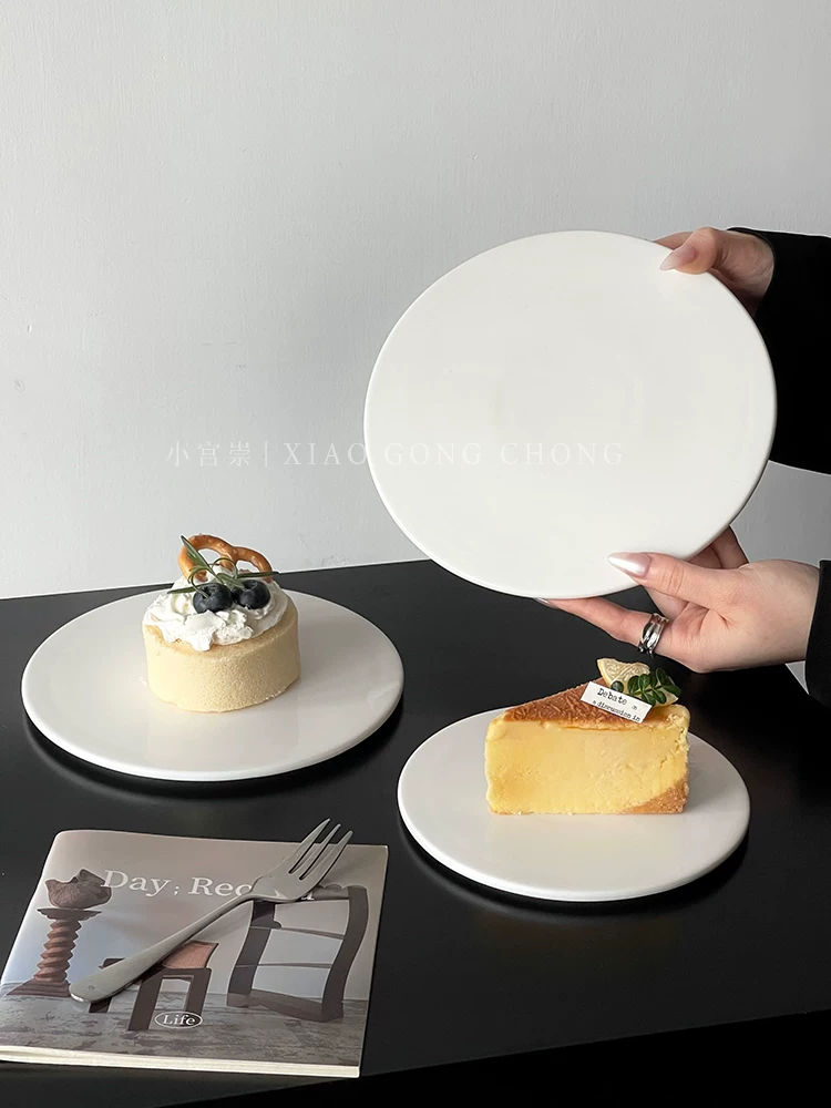 Đĩa gốm sứ trắng đơn giản, đĩa bánh ngọt, đĩa trưng bày sáng tạo, đĩa bánh ngọt phương Tây, đĩa mousse, đĩa steak, đĩa ăn món Âu