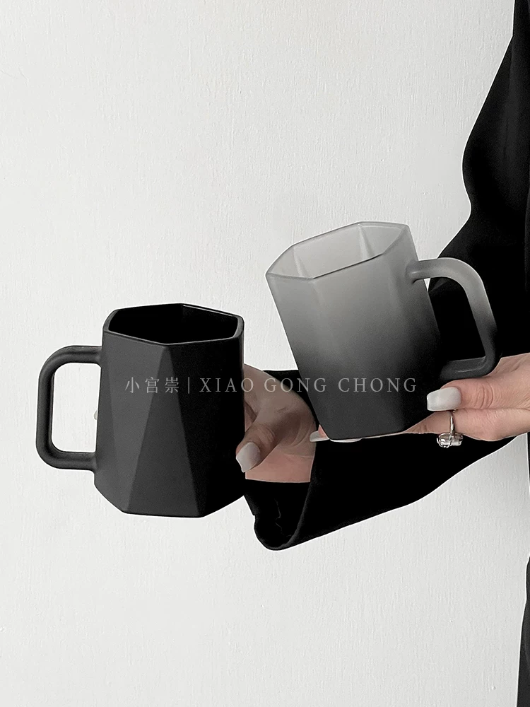 Ly thủy tinh mờ đen sáng tạo độc đáo có tay cầm, dùng cho gia đình, cốc cà phê, cốc ăn sáng, cốc uống nước.