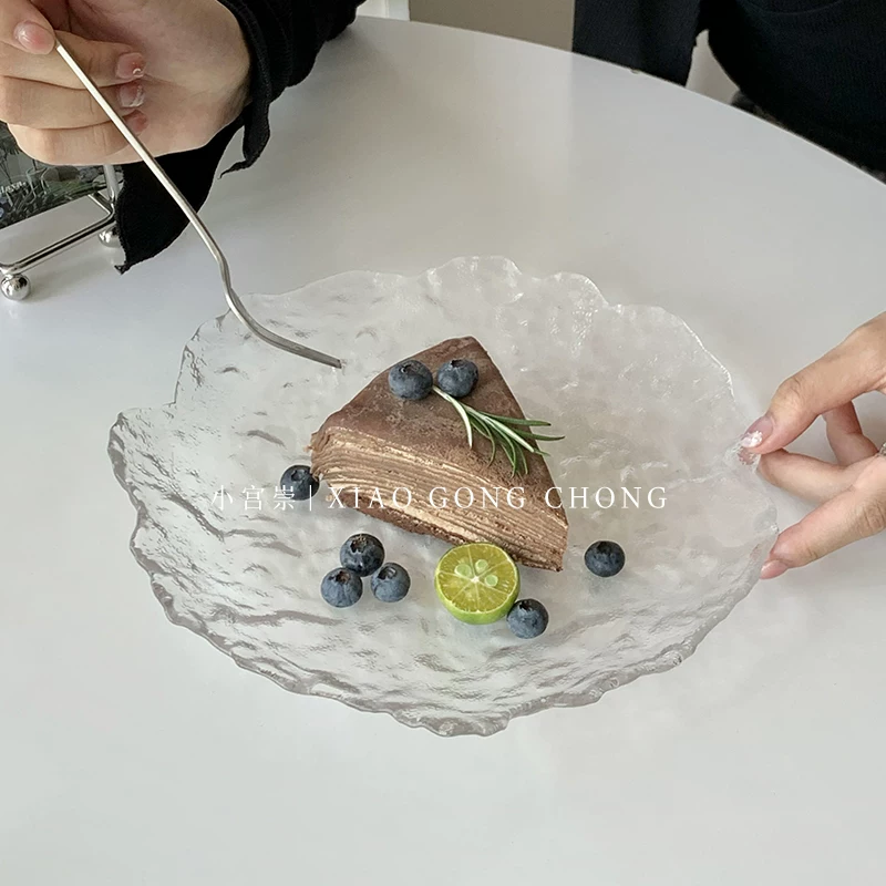 Đĩa thủy tinh hình dạng bất quy tắc phong cách Nhật Bản, đĩa ăn nhẹ gia đình, đĩa trái cây, khay tráng miệng tròn, đồ dùng trên bàn ăn