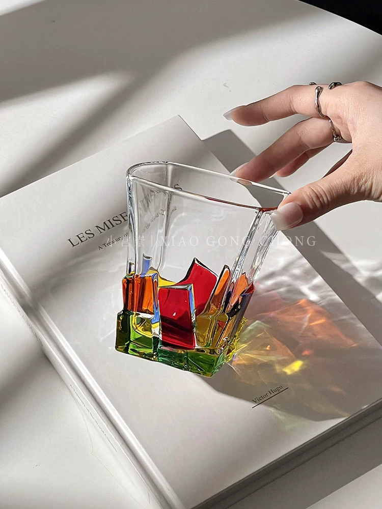 Ly nước đá hình khối vẽ phong cách Ins, ly rượu whisky vẽ tay độc đáo, ly uống nước, ly đồ uống tạo không khí