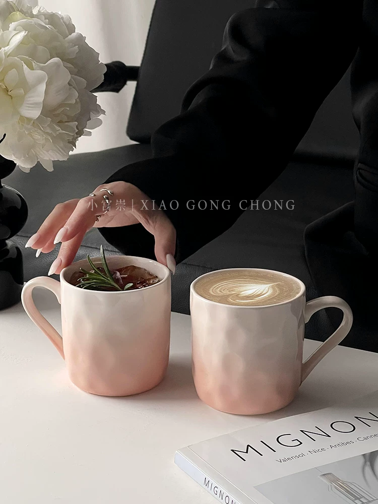 Cốc màu hồng gradient chất lượng cao dùng trong gia đình, cốc uống nước cho bé gái, cốc cà phê gốm sứ phong cách, cốc ăn sáng, cốc đôi