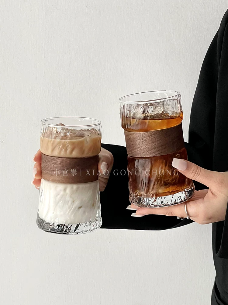 Ly cà phê treo tai phong cách Ins dùng trong nhà, chống bỏng, ly thủy tinh có vỏ tre cách nhiệt, ly latte đá kiểu cổ điển, ly trà.