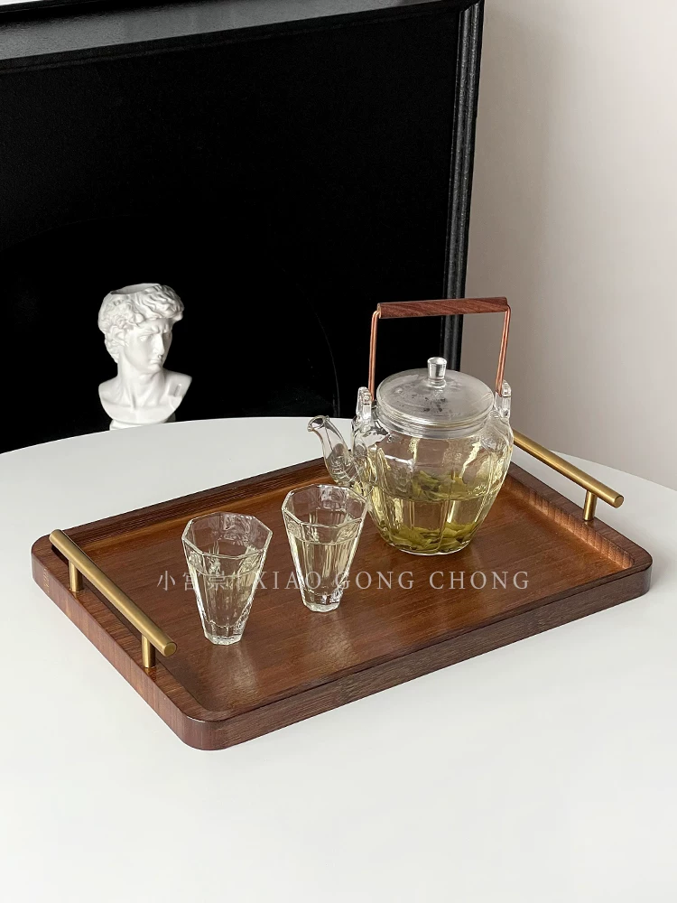 Khay gỗ óc chó hình chữ nhật khay ăn gia đình bằng gỗ bánh khay đựng đồ ăn nhẹ khay trà phong cách Trung Hoa có tay cầm khay đựng cốc nước