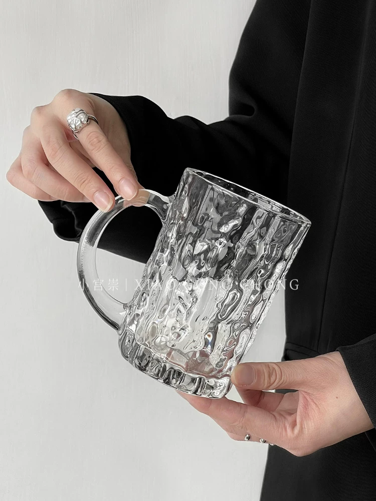 Ly thủy tinh gia dụng sáng tạo có tay cầm, ly uống nước họa tiết cây tươi mới đơn giản, ly bia, ly nước ép, ly cà phê