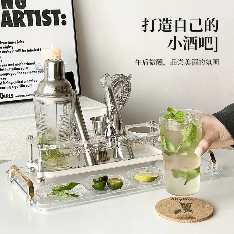 Bộ dụng cụ pha chế cocktail bằng thép không gỉ, ly pha chế bằng thủy tinh, dùng trong nhà, cao cấp, bộ đầy đủ, kèm giá để đồ, quay tay, pha trà chanh