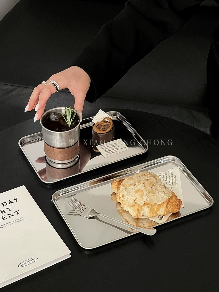 Khay chữ nhật bằng thép không gỉ kiểu công nghiệp Hàn Quốc, dùng làm đĩa ăn cafe, đĩa ăn tối, đĩa trà chiều, đĩa bánh ngọt