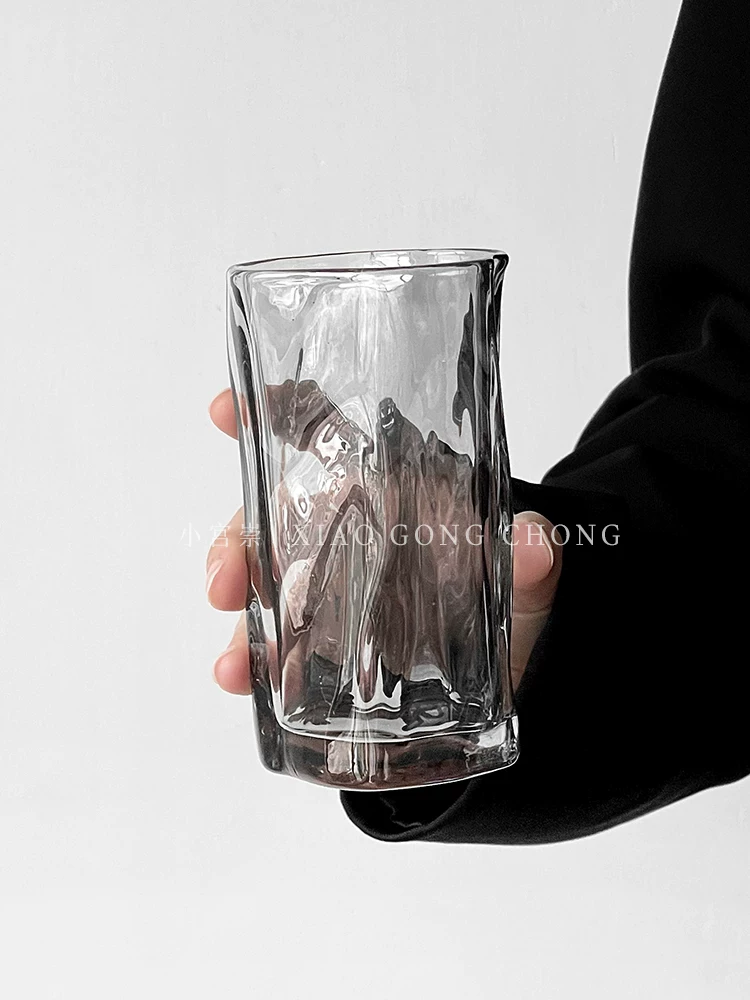 Ly thủy tinh xoắn màu tro không đều, dùng trong gia đình, thích hợp cho Americano đá, latte, cà phê, đồ uống lạnh, nước ép và nước.