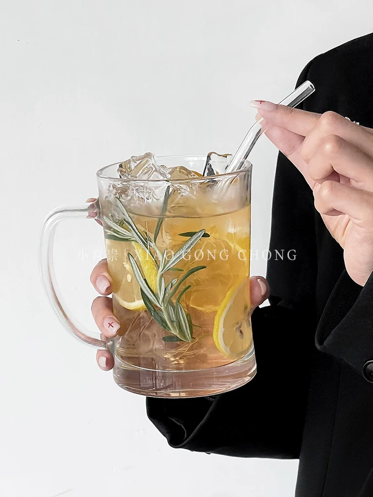 Ly trà hoa quả thủy tinh dung tích lớn kiểu Ins, có tay cầm, ly uống nước dày dặn dùng trong nhà, ly uống nước mùa hè, cốc bia.