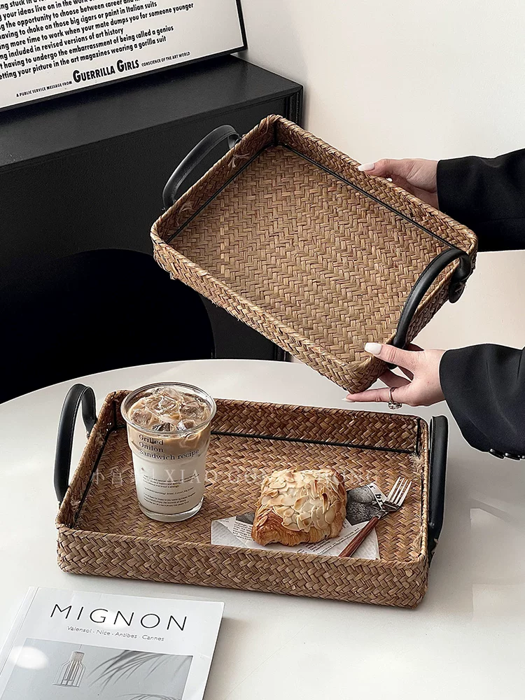 Khay mây kiểu Ins, khay đựng đồ ăn nhẹ, khay đựng đồ ăn gia đình, khay đựng đồ trên bàn ăn, giỏ trái cây, bánh ngọt, bánh mì, khay đựng món tráng miệng