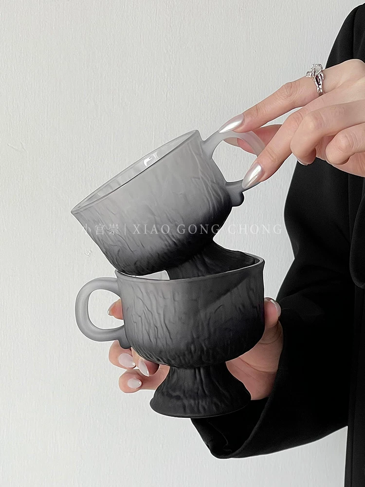 Ly thủy tinh đen mờ cao cấp, thiết kế tinh tế, có quai cầm, ly uống cà phê sữa cao cấp dành cho nữ, ly thủy tinh cao.