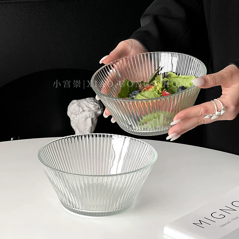 Bát thủy tinh sọc kiểu Hàn Quốc kiểu ins bát salad trái cây đơn giản bát mì ăn liền dung tích lớn bát ngũ cốc ăn sáng sữa chua