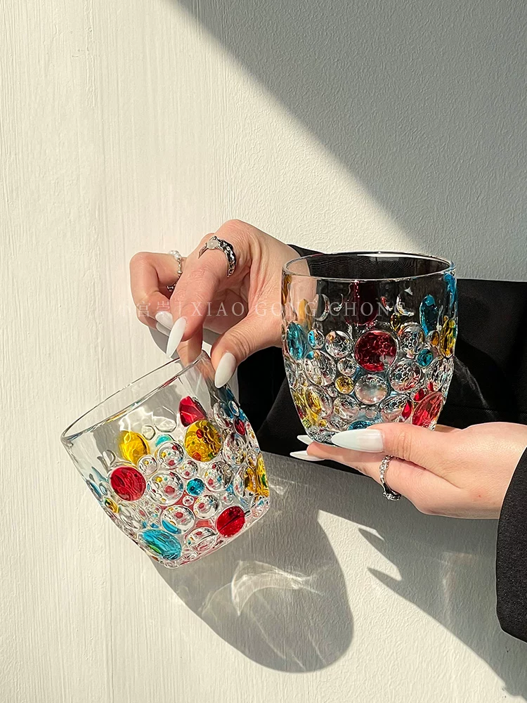 Ly thủy tinh vẽ chấm bi sáng tạo, ly nước ép phong cách ins, ly sữa, ly rượu whisky sang trọng nhẹ nhàng sáng tạo, ly cà phê