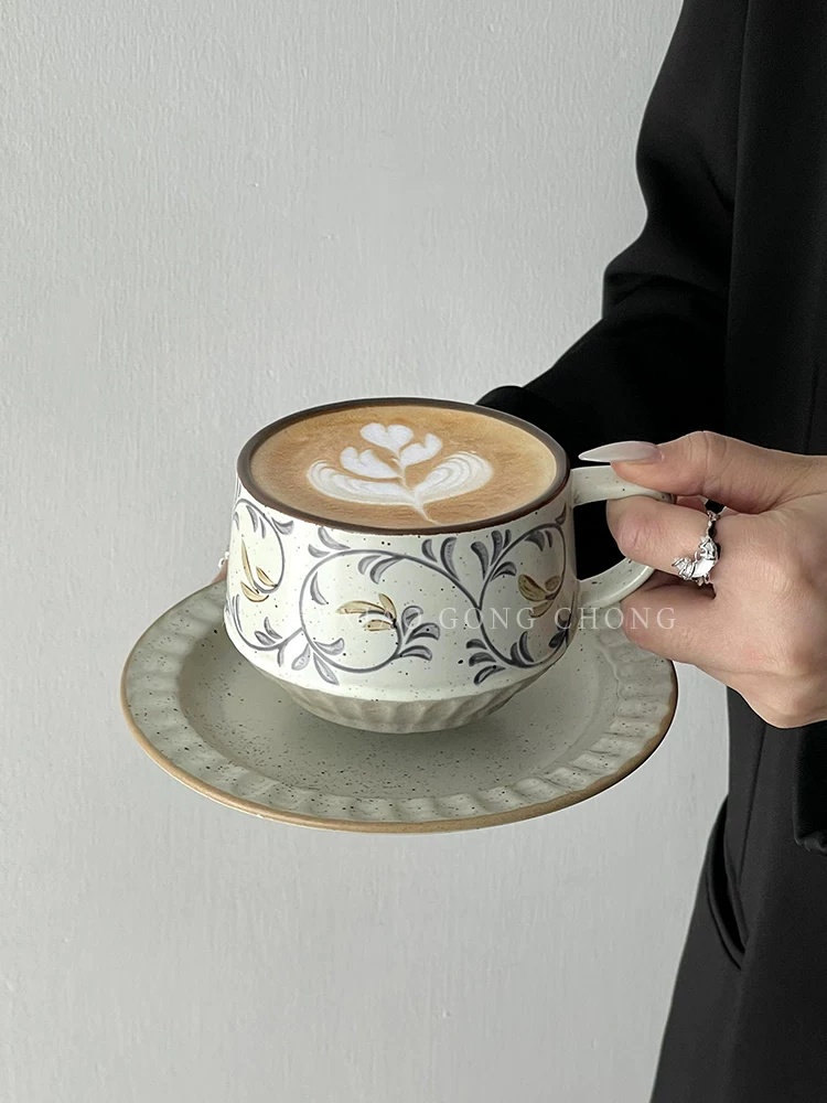 Tách và đĩa cà phê cổ điển, tách gốm sáng tạo, dùng trong nhà, tinh tế và cao cấp, cốc nghệ thuật latte bằng gốm thô, cốc ăn sáng