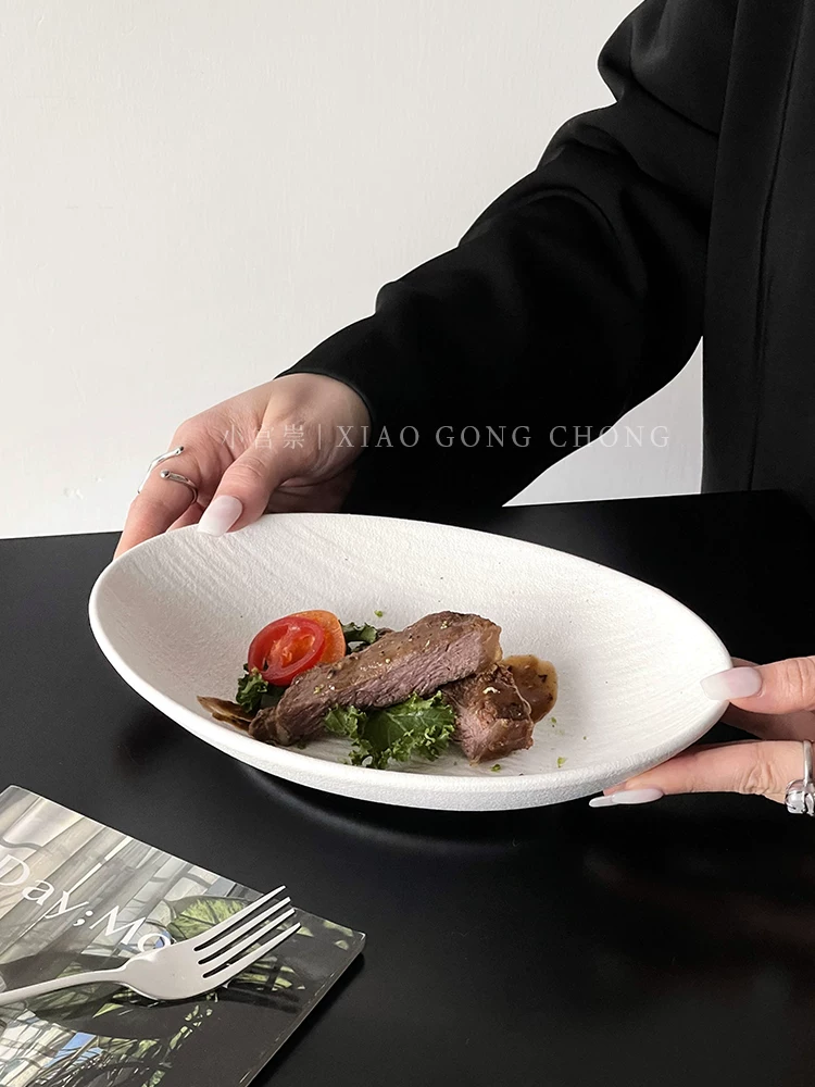 Đĩa gốm hình bầu dục họa tiết đá sáng tạo dùng trong gia đình, đĩa kiểu Tây cao cấp, đĩa steak, đĩa cá, đĩa rau, đĩa salad