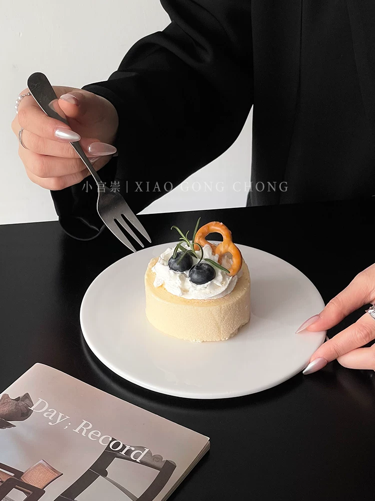 Đĩa gốm sứ trắng đơn giản, đĩa bánh ngọt, đĩa trưng bày sáng tạo, đĩa bánh ngọt phương Tây, đĩa mousse, đĩa steak, đĩa ăn món Âu