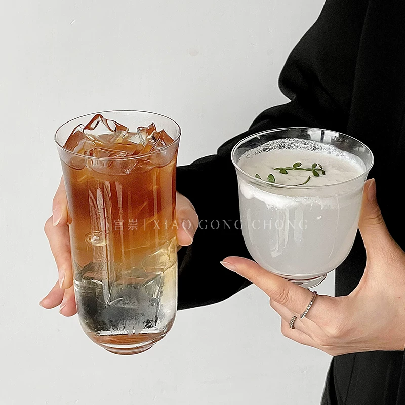 Ly thủy tinh miệng rộng kiểu Ins, bộ ly trà đạo kiểu Trung Hoa, ly cocktail phong cách dân tộc, ly cà phê đá latte