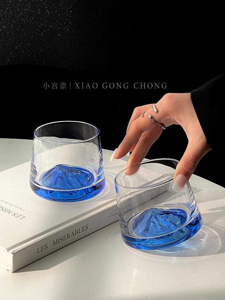 Ly núi Phú Sĩ màu xanh đậm phong cách Ins, ly thủy tinh cổ điển cao cấp nhìn ra núi, ly rượu whisky, ly rượu ngoại.