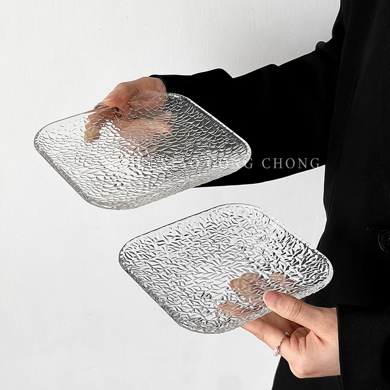 Đĩa thủy tinh trong suốt hình vuông, đĩa dùng trong phòng khách, đĩa gia dụng, đĩa sáng tạo, đĩa đựng đồ ăn nhẹ, đĩa đựng trái cây, đĩa đựng món tráng miệng