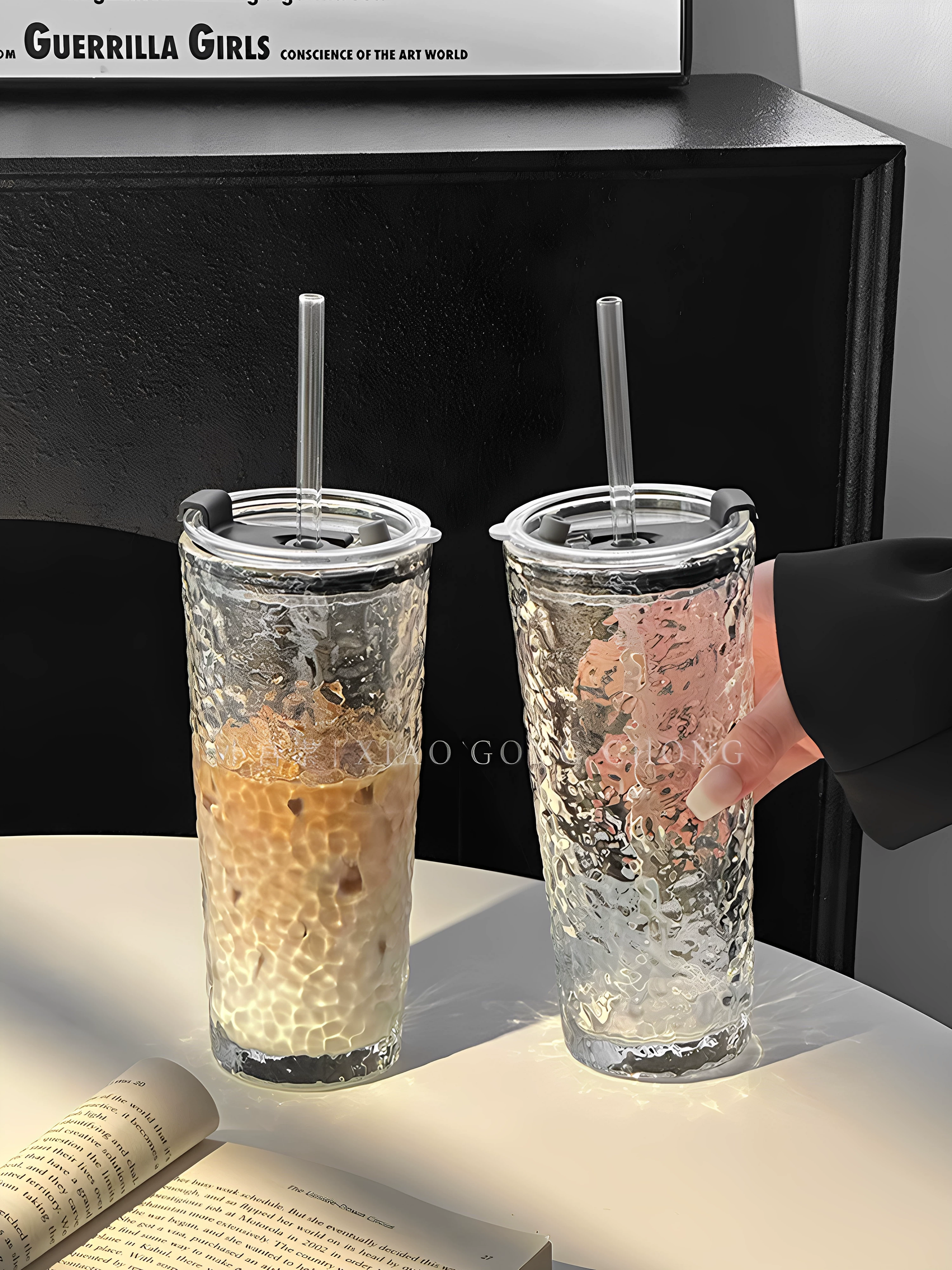 Cốc thủy tinh dung tích lớn, cốc cà phê latte đá kiểu Mỹ đẹp mắt dành cho nữ có nắp, cốc nước gia dụng, cốc uống nước lạnh