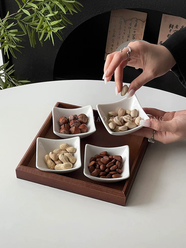 Đĩa đựng trái cây khô bằng gốm sứ kiểu Trung Quốc, đĩa đựng đồ ăn nhẹ trà, đĩa đựng trái cây gia dụng, đĩa đựng kẹo ăn nhẹ sáng tạo, khay đựng đồ ăn nhẹ, đĩa chia ngăn
