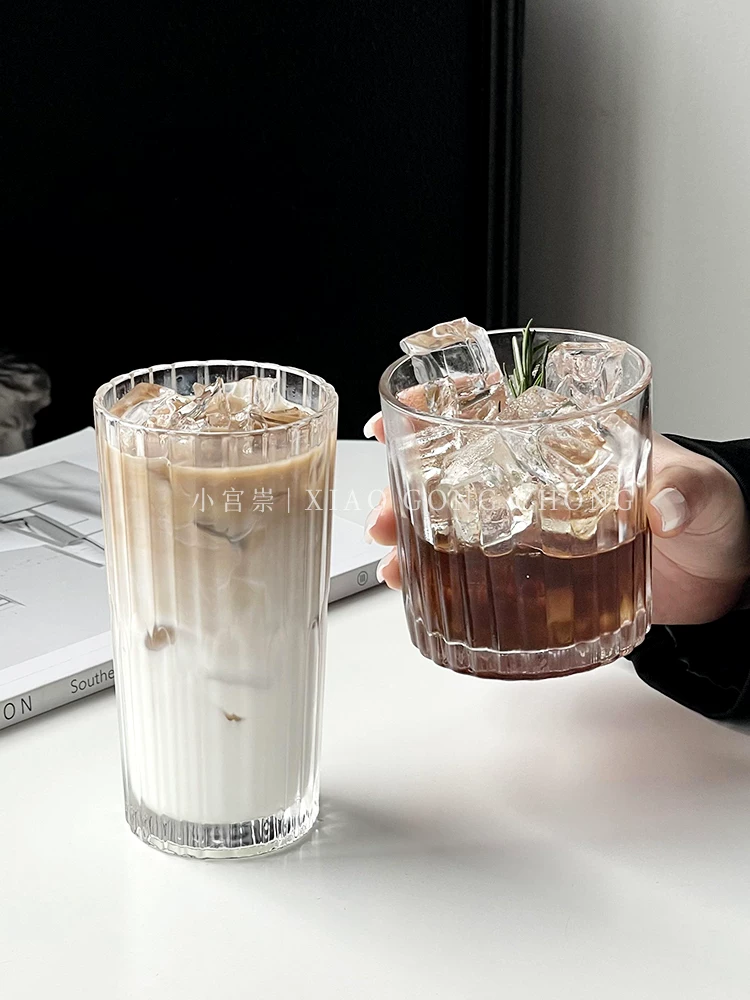 Ly thủy tinh cổ điển, ly cà phê đá kiểu Mỹ, ly latte đá sọc dọc phong cách ins, ly uống nước lạnh, ly sữa, ly nước ép