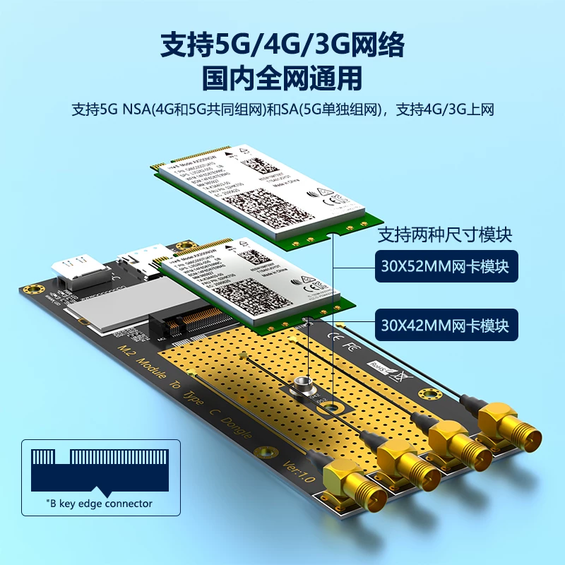Thẻ chuyển đổi mô-đun mạng 4G/5G mở rộng M.2 KEY-B Giao diện USB3.0 TYPE-C Thẻ chuyển đổi B-key