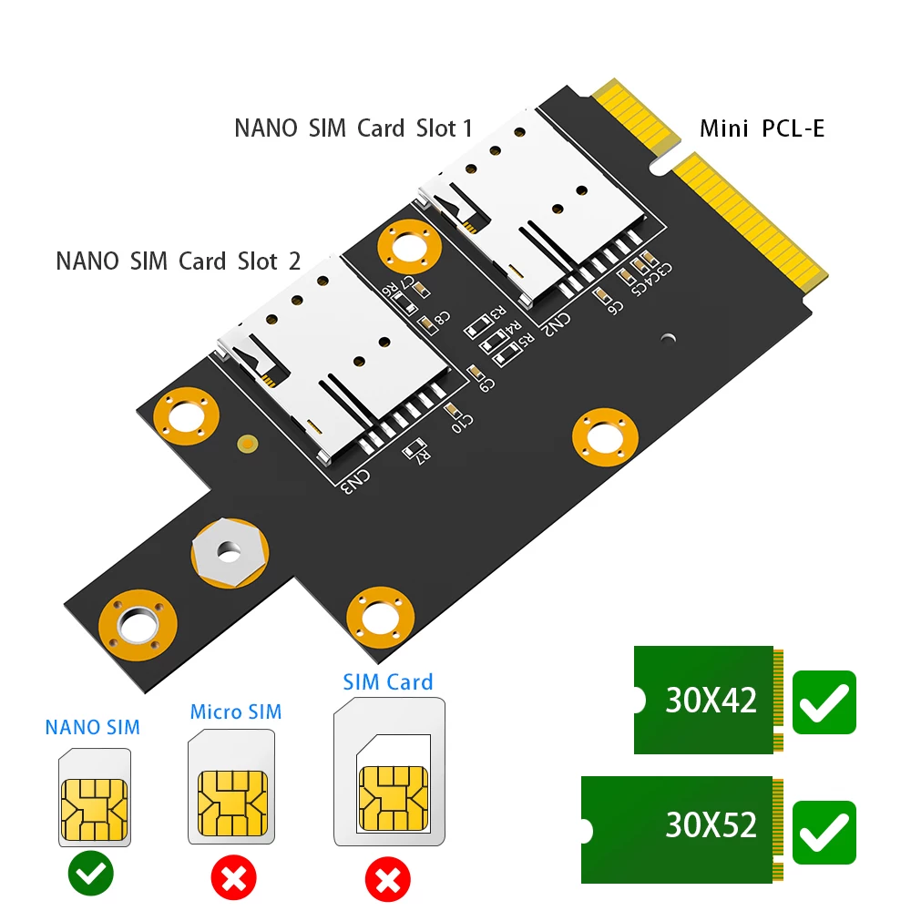 Thẻ chuyển đổi M.2 Key B sang Mini PCI-E với hỗ trợ thẻ SIM NANO kép cho các mô-đun 3G/4G/5G