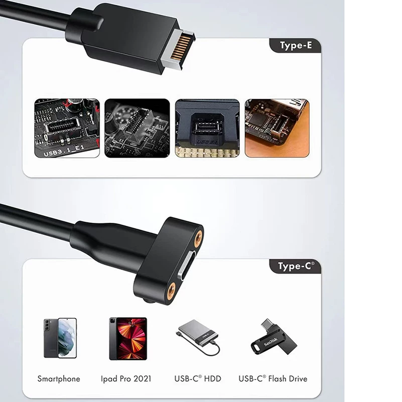 Cáp nối dài TYPE-E sang TYPE-C Cáp chuyển đổi USB 3.2 Cáp giá đỡ gắn tai Truyền tốc độ cao 20Gb