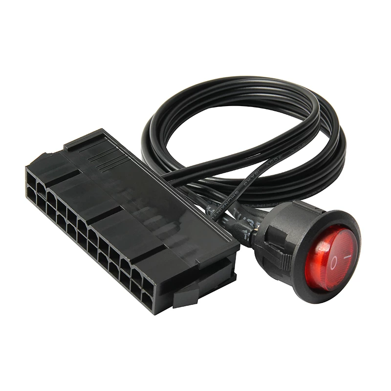 Cáp khởi động nguồn bo mạch chủ 24PIN có công tắc và đèn đỏ tự khóa, cáp khởi động 50CM, công tắc khởi động kiểu thuyền