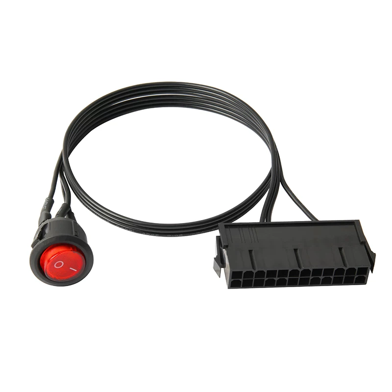 Cáp khởi động nguồn bo mạch chủ 24PIN có công tắc và đèn đỏ tự khóa, cáp khởi động 50CM, công tắc khởi động kiểu thuyền