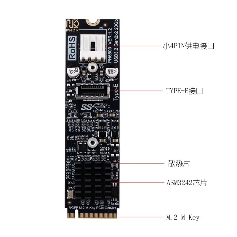Thẻ mở rộng M.2 M-KEY PCIE sang TYPE-E phía trước USB3.2 Gen2*2 20gbps TYPE-C