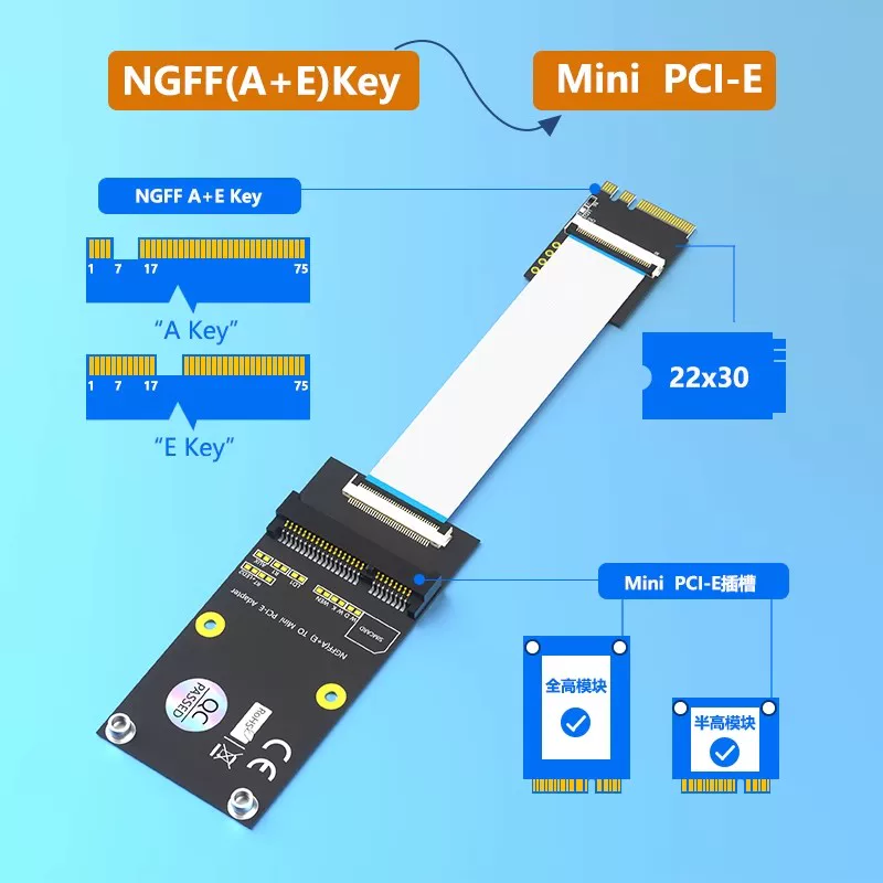 Cáp chuyển đổi M.2 NVME SSD sang giao diện Mini PCI-E, cáp chuyển đổi key B/M, cáp nối dài key A/E