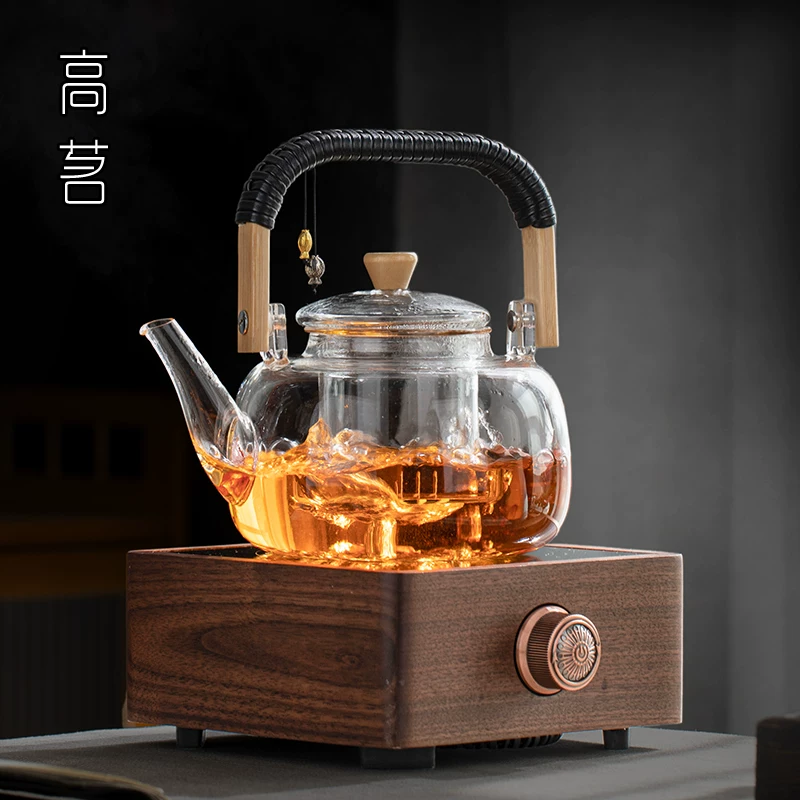 Bộ ấm trà điện bằng gỗ óc chó, bếp gốm điện, ấm trà thủy tinh chịu nhiệt cao, bếp nhỏ gia dụng, bộ pha trà