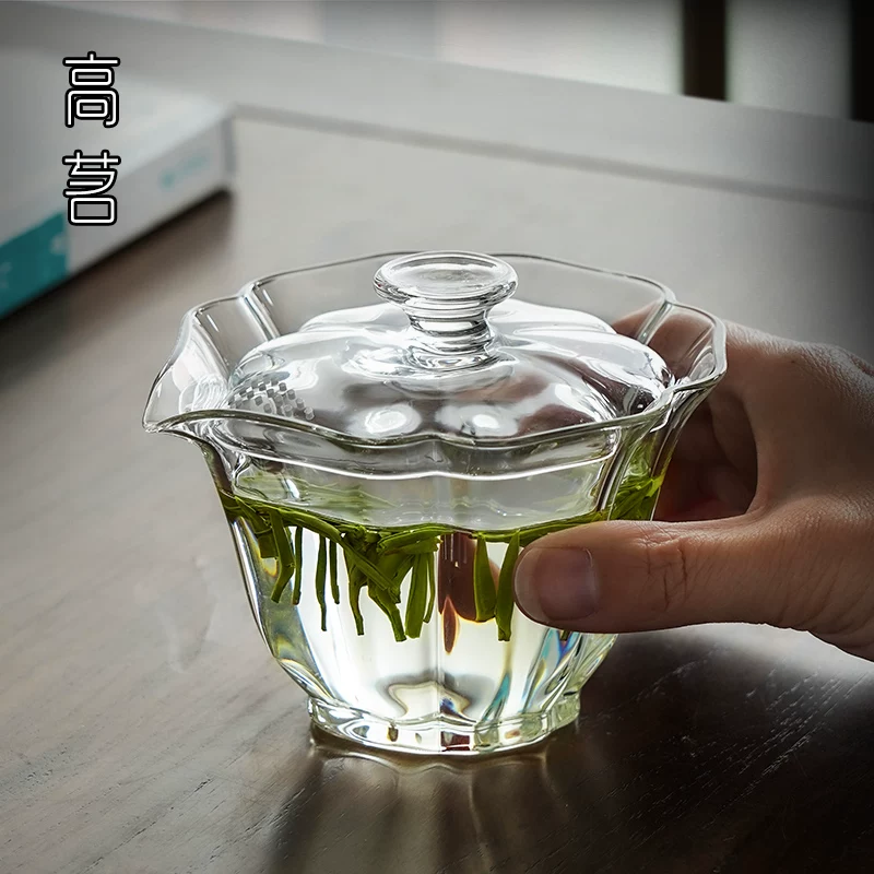 Bộ ấm trà gaiwan thủy tinh thời trang, chén pha trà xanh đơn, bộ trà kungfu cao cấp, trong suốt, cầm tay, không nóng
