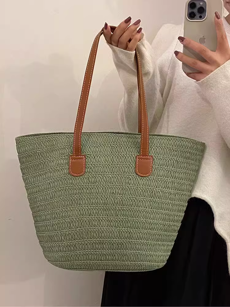Túi cói đan tay nữ, dung tích lớn, kiểu mới 2025, túi cói đi biển đi nghỉ, túi xách dạng xô, giỏ đựng rau, túi tote đi biển