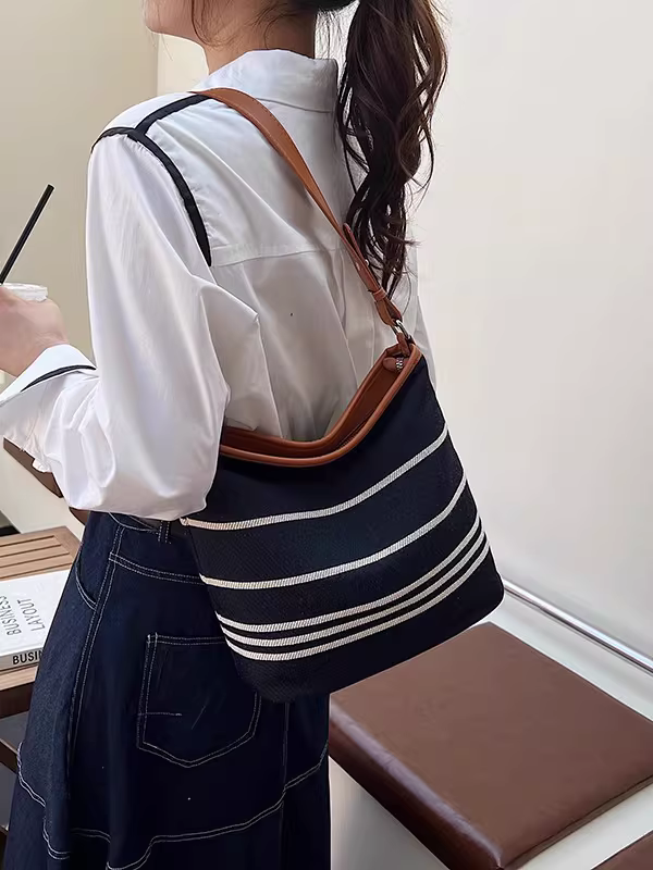Túi vải canvas sọc dành cho nữ, dung tích lớn, mẫu mới hè 2025, đa năng, đeo vai, đeo chéo, kiểu dáng phổ biến, thích hợp đi làm, túi đeo vai hình xô