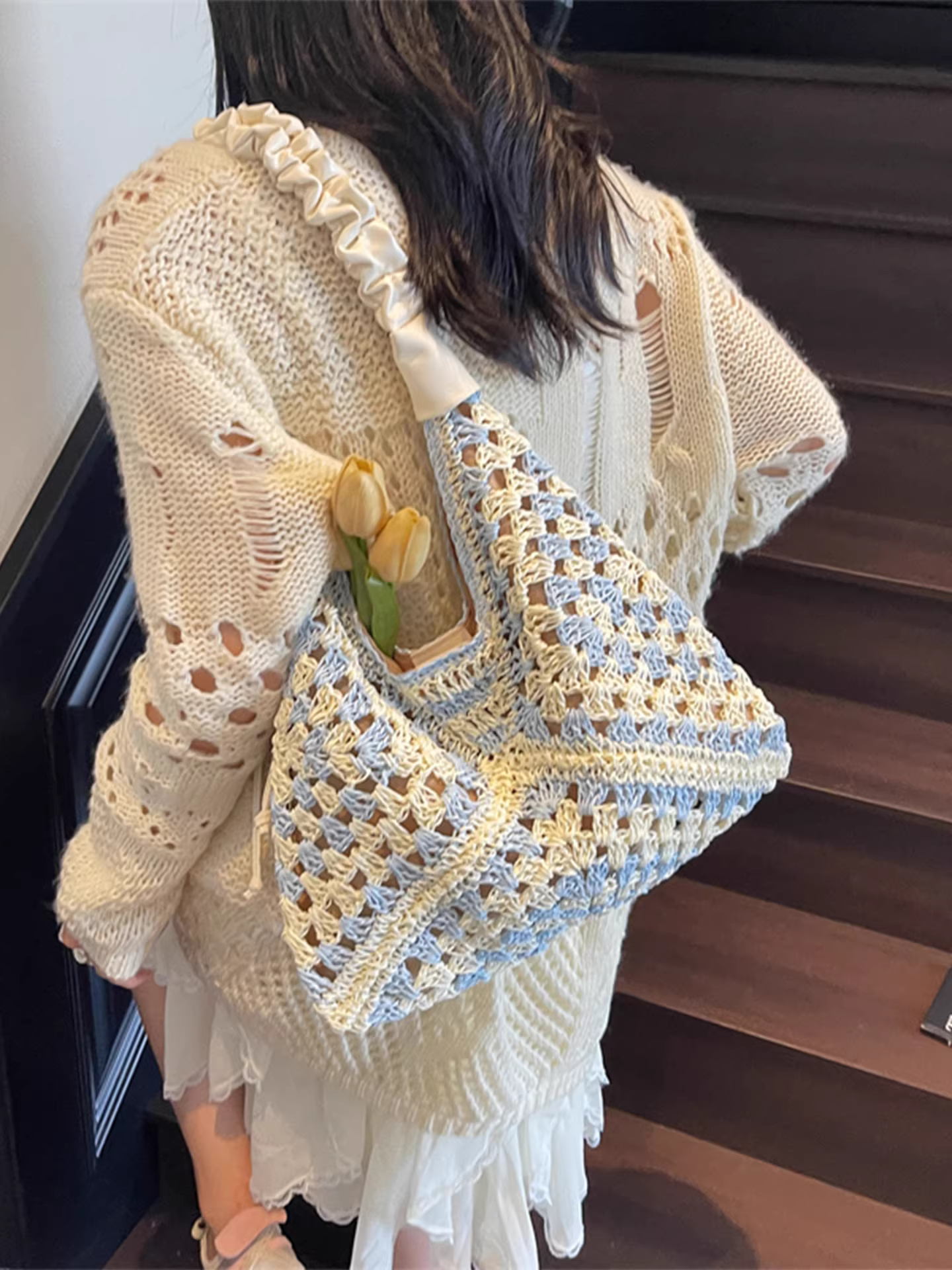 Túi đan lỗ lớn dành cho nữ, kiểu mới hè 2025, đeo chéo một bên vai, túi cói dệt, túi đi biển.