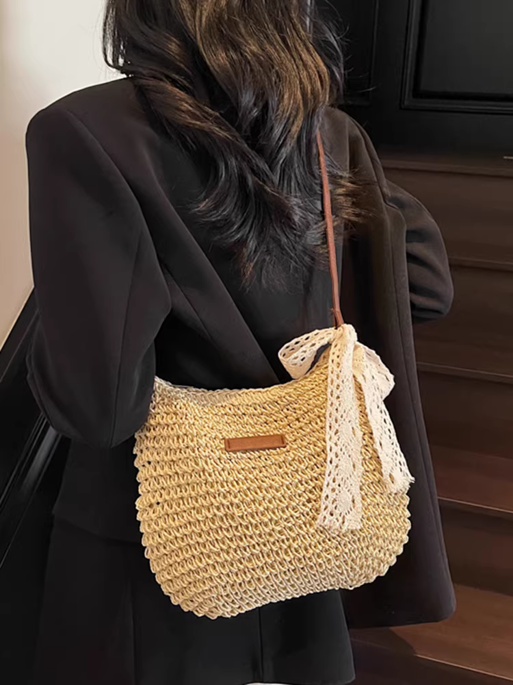 Túi cói dệt thiết kế độc đáo dành cho nữ, mẫu mới xuân hè 2025, túi đeo vai/chéo đa năng, túi đi biển